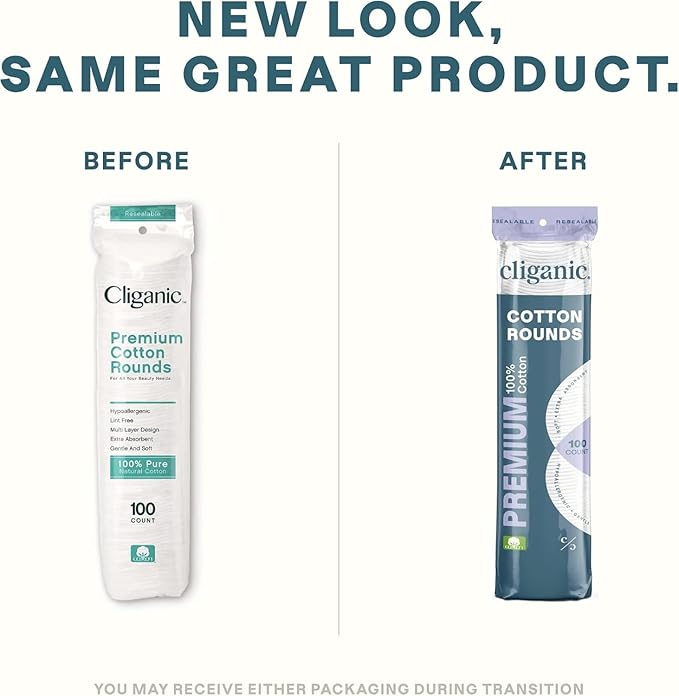 Cliganic Premium Cotton Rounds for Face (200 Count) | Makeup Remover Pads, Hypoallergenic, Lint-Free | 100% Pure Cotton (Packaging May Vary)