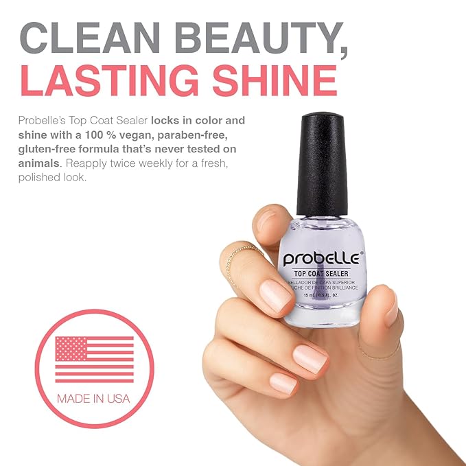 Probelle Top Coat Sealer, Quick Dry Nail Polish Top Coat, High Shine Glossy Nail Finish, Instantly Forms Clear Barrier For Enamel Protection, Fast Dry Manicure, Long Lasting Results, 0.5 fl oz/ 15 mL