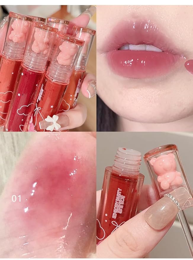 2Pcs Bear Lip Glaze Jelly Lipstick,Liquid Lipstick Cute Bear Lipgloss Waterproof Long Lasting Cheek Rouge Tint Cosmetics Bear Beauty Makeup Moisturizing Lip Stain Plumping Water Lip Gloss
