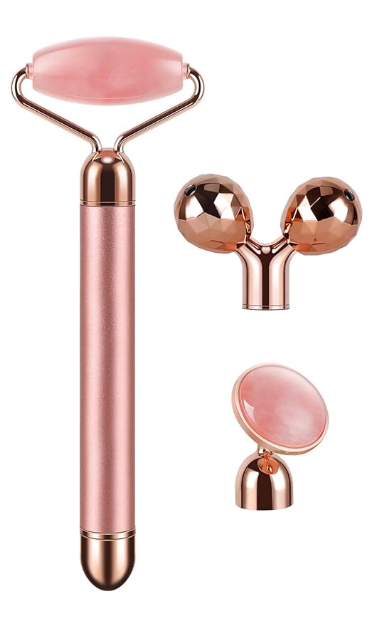 3-IN-1 Electric Jade Roller 3D Roller Facial Roller & Face Massager, Rose Quartz