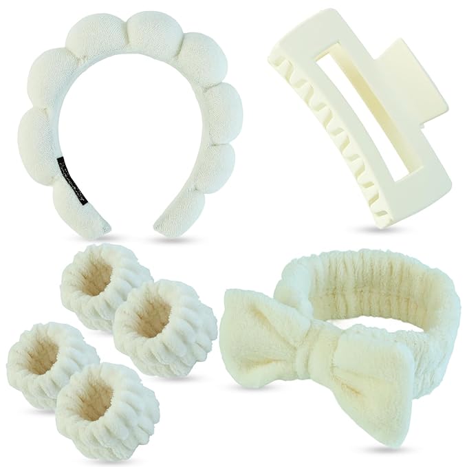 7 Pcs Spa Set, Facial Headband, Spa Headband and Wristband Set, Skincare Headband, College Style Girl Gift, Hair Accessories for Women and Girls（Light Beige）