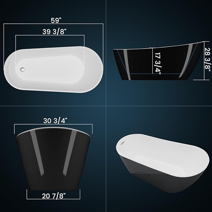 59 inch Stand Alone Tub Acrylic Freestanding Soaking Bathtub – Modern Matte Black and White Bath with Chrome Drain, Perfect for Guest Bathroom or Urban Living Spaces