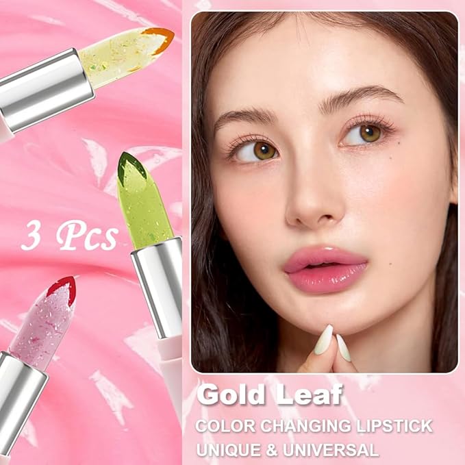 BINGBRUSH 3Pcs Ph Lipstick Color Changing,Crystal Jelly Gold Leaf Clear Mood Long Lasting Labiales Lip Care Moisturizer Lip Balm Korean Magic Lip Gloss 24 Hours Lip Tinted Stain Makeup Set for Women