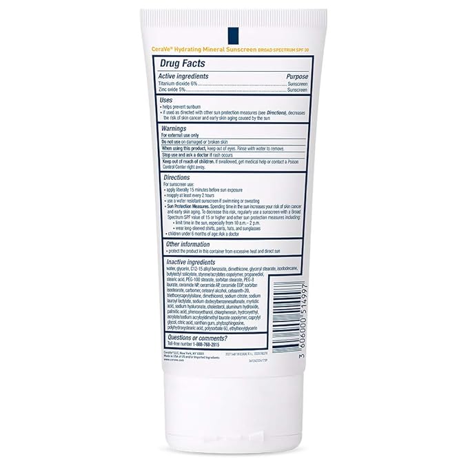 CeraVe 100% Mineral Sunscreen SPF 30 with Zinc Oxide & Titanium Dioxide, Hyaluronic Acid & Ceramides, Oil Free, Non-Greasy, Hydrating Mineral Sunscreen For Body, 5 oz