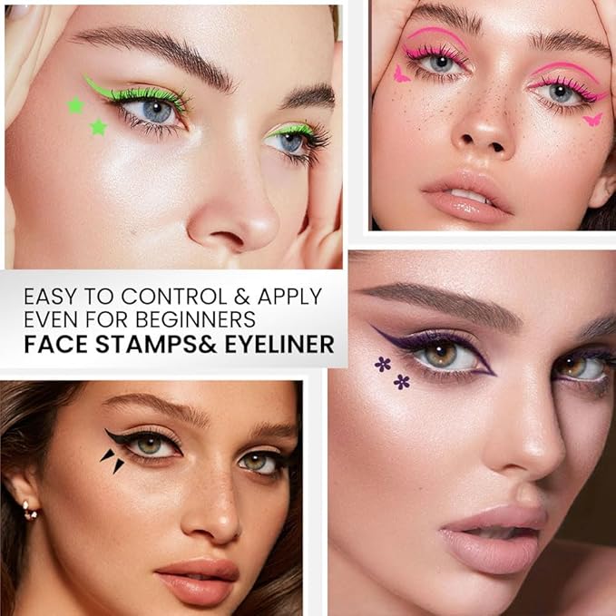7Pcs Colored Liquid Eyeliners with Face Stamps – Black Brown Purple Blue Red Pink Green Star Flower Heart Moon Triangle Stamps for Cosplay & Gothic Makeup – Beginner-Friendly (multicolor-7Pcs-set01)