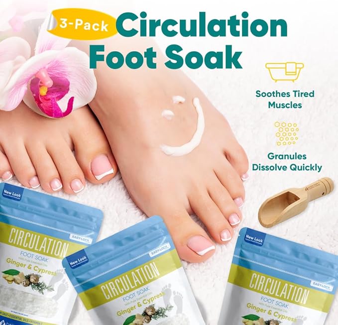 Circulation Foot Soak (3-Pack with Scoop) Foot Soaking Epsom Salts with Pure Essential Oils in BPA Free Pouch with Press-Lock Seal Made in USA, Three 2-Lbs Pouches 6-Lbs Total