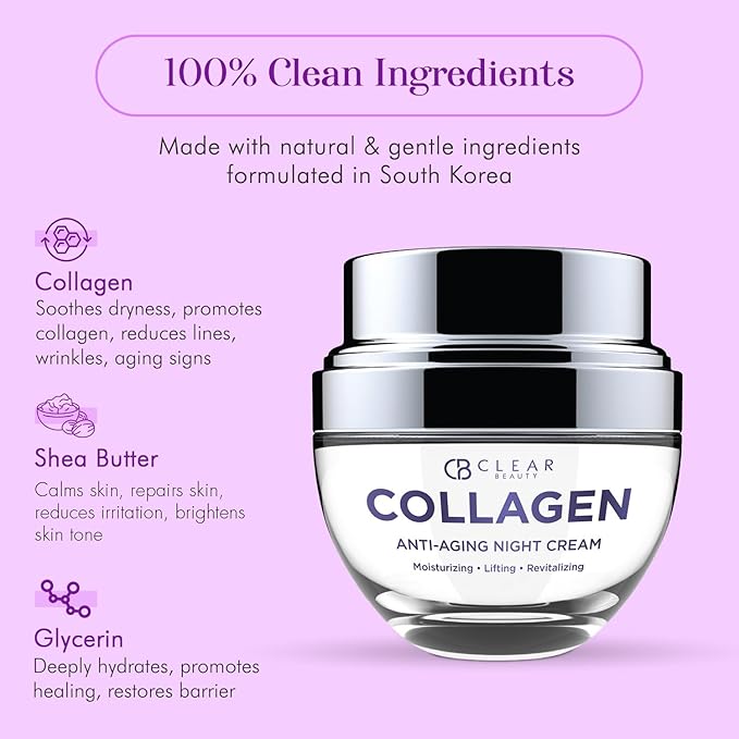 Collagen Night Face Moisturizer - Dermatologist Tested, Reduces Wrinkles & Fine Lines, Hydrating, Anti-Aging Cream, Cruelty-Free Korean Skin Care, All Skin Types - 1.69 oz