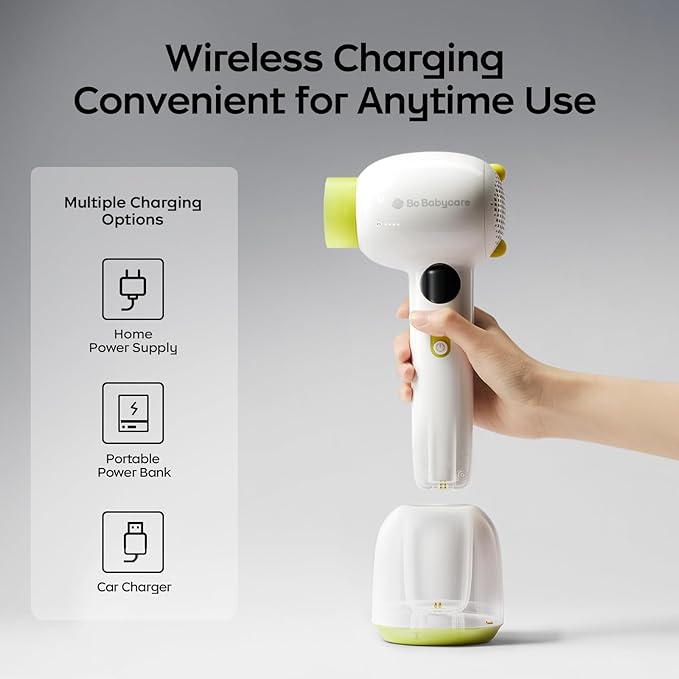 Bc Babycare Gentle Cordless Hair Dryer for Baby and Kids, Quiet Portable Mini Blow Dryer for Infant, Children Hair Dryer, Low Heat/Speed with 4 Model for Hair Diaper and Full Body (Green)