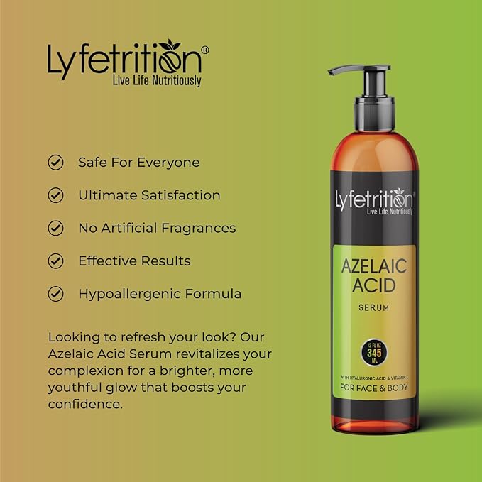 Azelaic Acid Serum with Hyaluronic Acid | Natural Face Serum with Vitamin C & Aloe Vera (12 Fl Oz), Clear, (Lyfe9080)