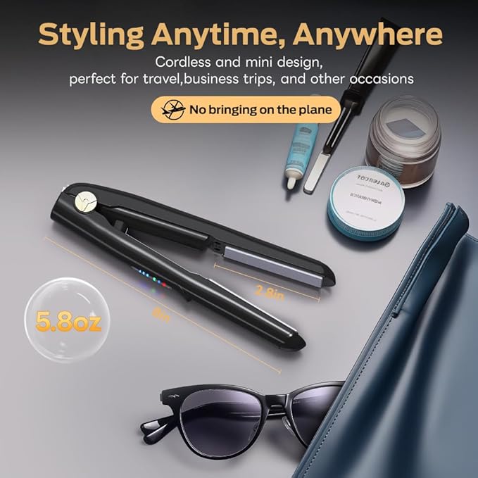 Cordless Hair Straightener and Curler 2 in 1 Ceramic Flat Iron Mini Cordless Portable Travel Hot Tools Straight Curl for Women Men USB Rechargeable with Pouch (Black)