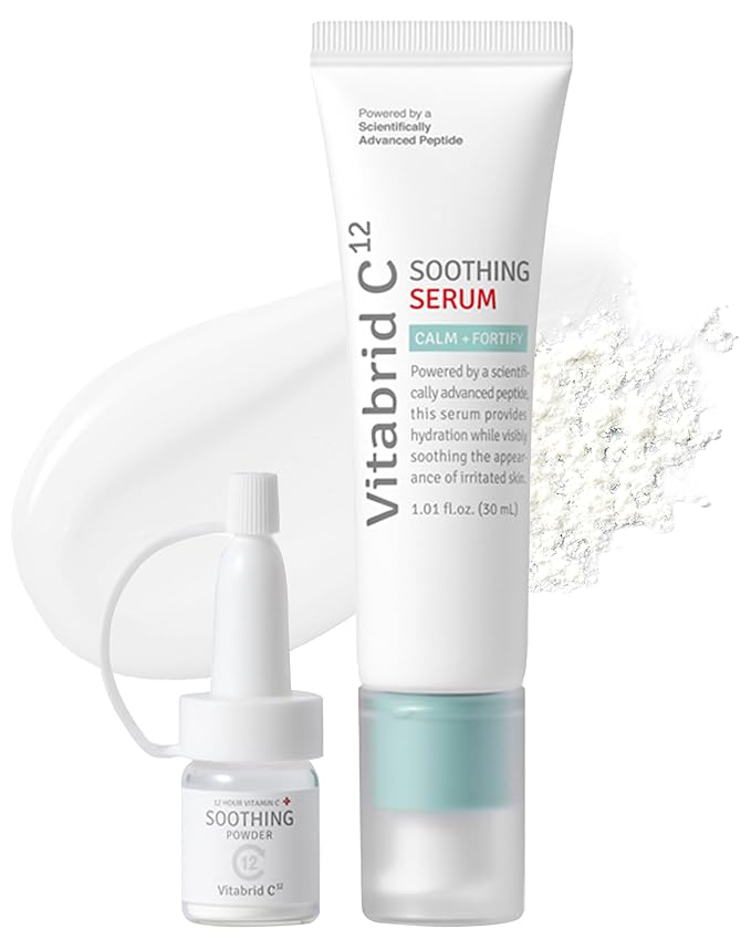 12 Hour Vitamin C Soothing Serum for Acne & Blemish-Prone Sensitive Skin - Improves Sebum, Pores and Redness - Peptides, Niacinamide, Madecassoside, 1.01 fl.oz. Powder 0.04oz.