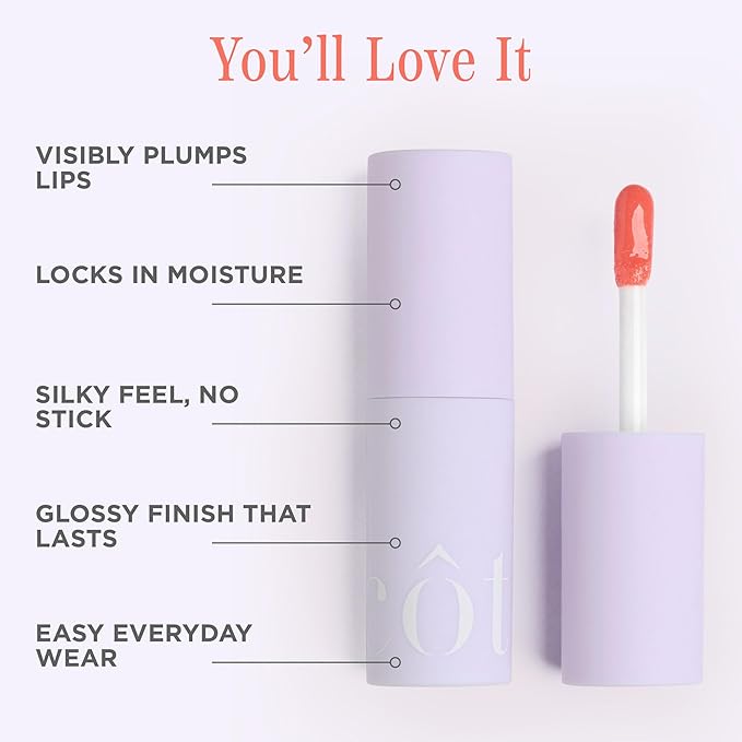 Côte Beauty's Tempted Peptide Lip Shine, Ultra Hydrating & Long-Lasting Warm Berry Plumping Lip Gloss for Women with Hyaluronic Acid, Shea Butter & Jojoba Oil, Vegan & Cruelty-Free, 0.12 Fl Oz