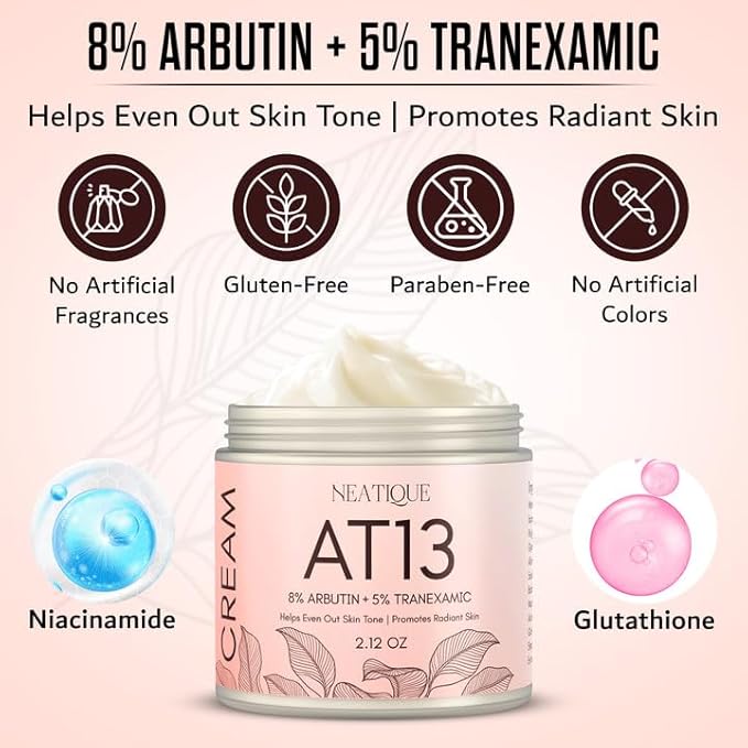Arbutin 8% + Tranexamic Acid 5% Cream, 80,000ppm Arbutin, 50,000ppm TXA, AT13 Complex Facial Cream for Niacinamide, Glutathione, Dark Spots, Freckle, Blemishes, Pigmentation, 60ml, 2 fl.oz.
