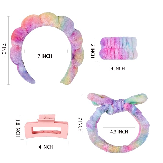 7 Pcs Spa Set, Facial Headband and Wristband Set, Skincare Accessories, College Style Girl Gift, Hair Accessories for Women and Girls（Tie Dye Colourful ）