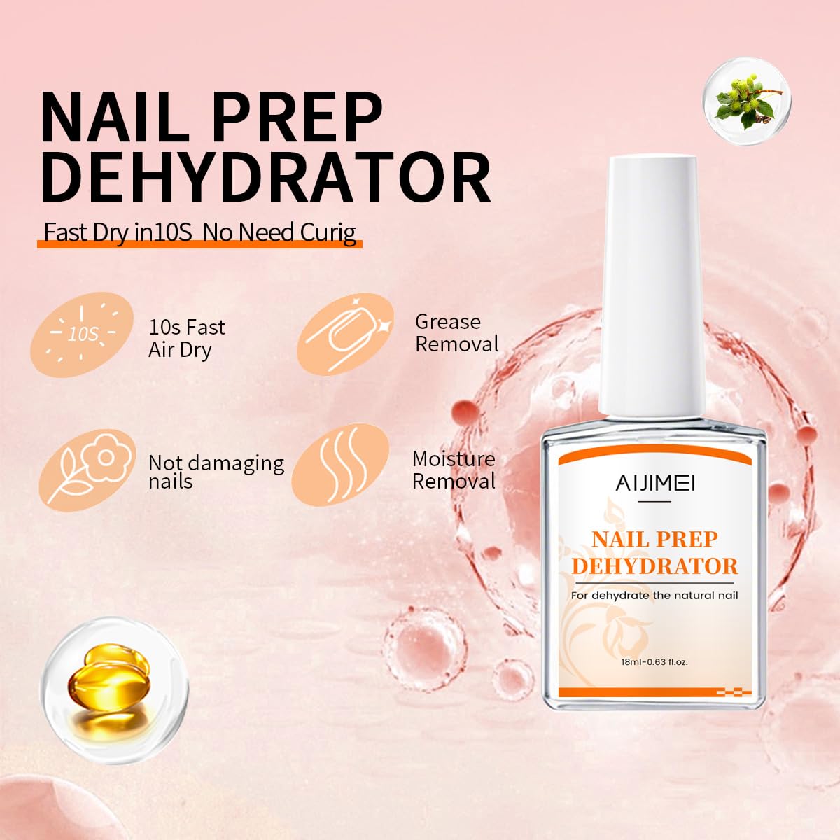 AIJIMEI Nail Dehydrator Professional Acid Free Natural Prep Dehydrate Acrylic Supplies Nail Prep Dehydrator For Acrylic And Gel Polish (18ml/0.63fl.oz)