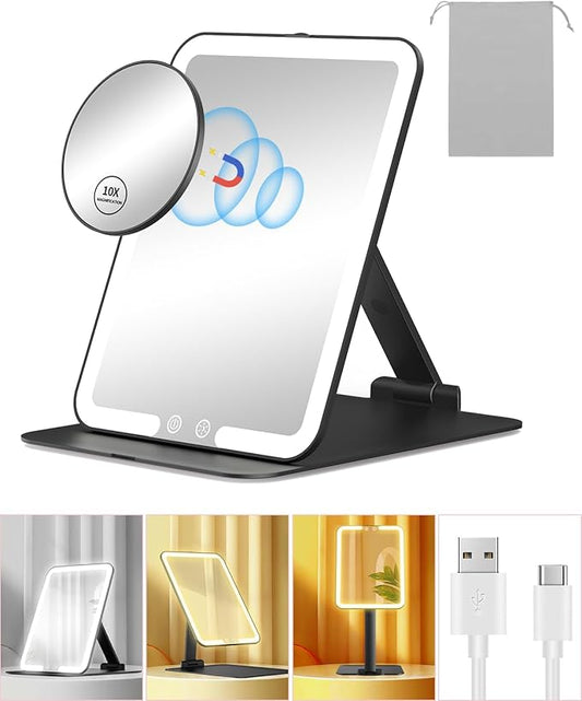 Gospire Travel Makeup Mirror with Lights and Magnification 10X, Portable Make Up Compact Tabletop with Adjustable Stand, 3 Colored Light Rechargeable Lighted LED Cosmetic Vanity- Black