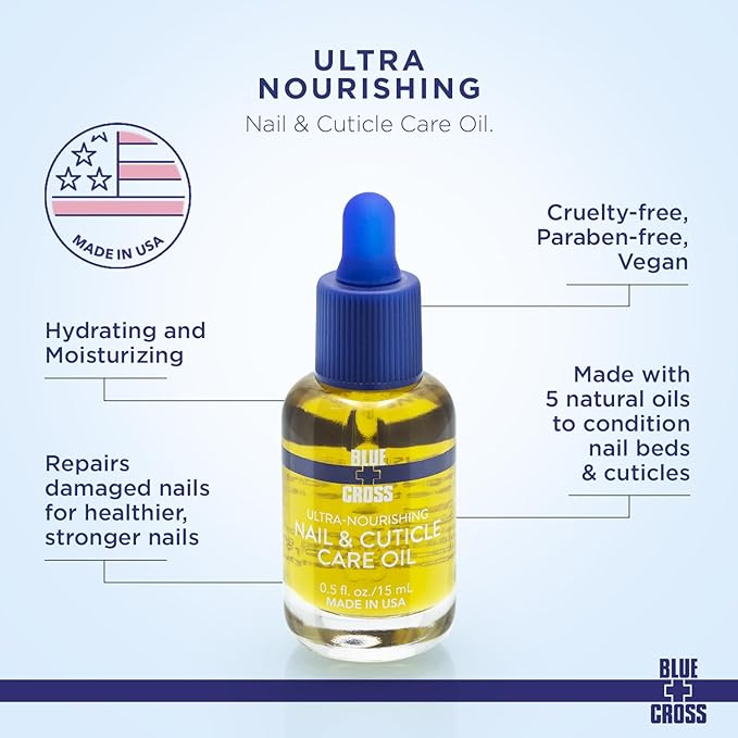 Blue Cross Professional Nail Care, All Natural Mineral Oil Free, Ultra-Nourishing, Hydrating, Moisturizing Nail & Cuticle Oil, Lemongrass + Lavender Scented Essential Oils, Made in USA, 0.5 fl oz/15mL