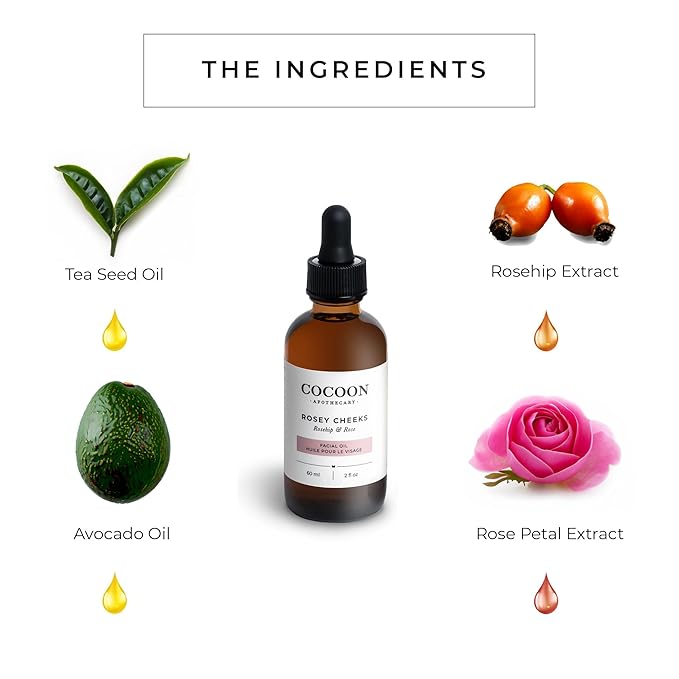 2 fl oz Rosey Cheeks Facial Oil Serum | Ecocert Cosmos Natural | Facial Serum For Women, Dry Skin, Natural Ingredients Avocado Oil, Camellia Seed Oil, Rosehip CO2, Rose Absolute