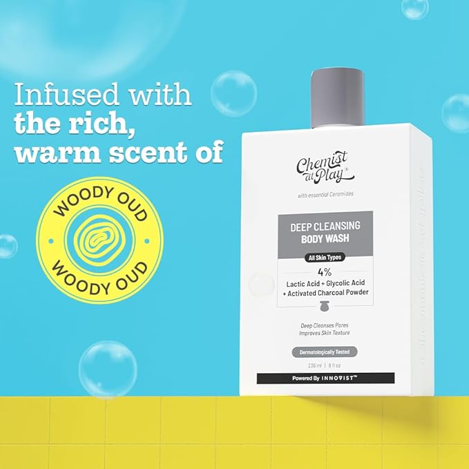 Deep Cleansing Body Wash| Activated Charcoal Removes Dirt | Lactic Acid for Skin Texture| Glycolic Acid for Exfoliation| 7.9 Fl oz