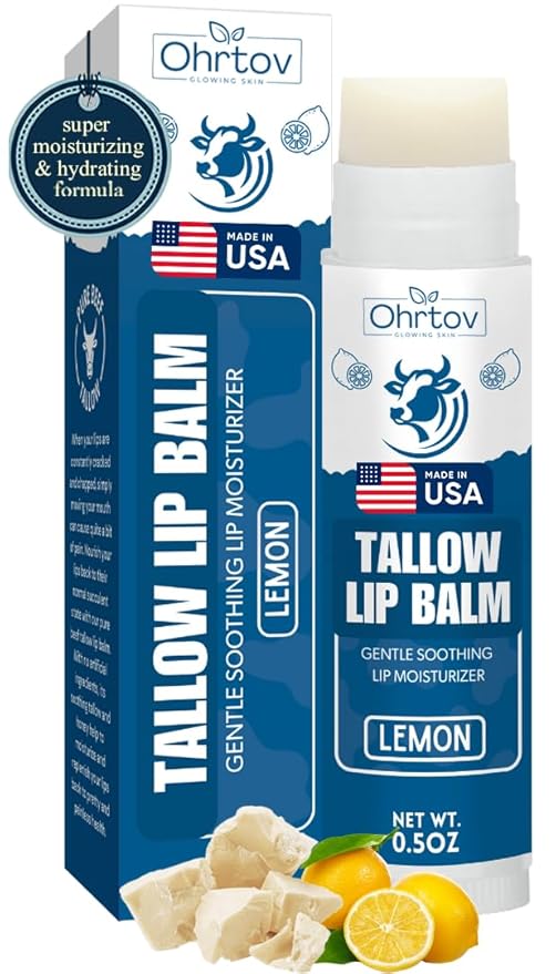Beef Tallow Lip Balm – Natural Tallow Beeswax Chapstick – Hydrating Moisturizer Grass Fed Bison Tallow Balm Lip Care – Soothes Chapped, Dry Lips, Sensitive Skin – Long Lasting & Vitamin Rich USA-Made
