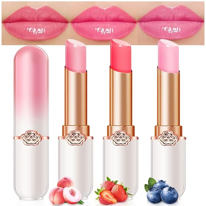 BINGBRUSH Peach Color Changing Lipstick,Moisturizer Long Lasting Lip Care Lip Balm Magic Lip Gloss Lip Tint Stain Gloss Set for Women (3 pcs Peach + Strawberry + Blueberry Lipstick)
