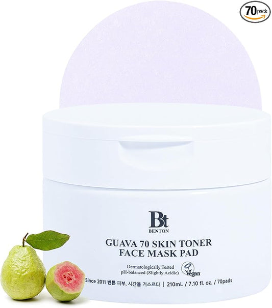 BENTON Guava 70 Skin Toner Face Mask Pad Moisturizer Hyaluronic Acid Soothing Calming Relief Pore Care for Dry Sensitive, All Skin Types Dewy Luminous Skin, Non-Drying Toner Pads, Korean Skin Care