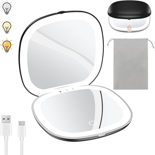 Benbilry 3.9" Rechargeable Compact Makeup Mirror with 3 Light Colors and Magnification 1X / 10X, Double Light Strip Dimmable Small LED Travel Mirror for Purse, Black