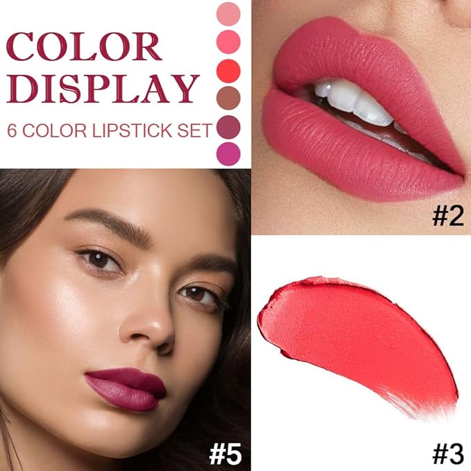 6Pcs Nude Pink Brown Ruby Red Wine Red Purple Matte Lipstick Set for Women Long Lasting Waterproof Moisturizing Lipsticks for Older Women 24 Hours Lip Stick Lip Stain Makeup Gift Kit,Lip Makeup Vegan