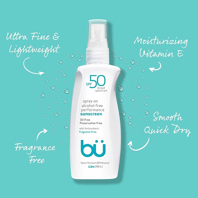 BU SPF 50 Sunscreen Spray for Face and Body, Fragrance Free, Clear Non Aeorsol, Non Greasy and Water Resistant (3-pack)