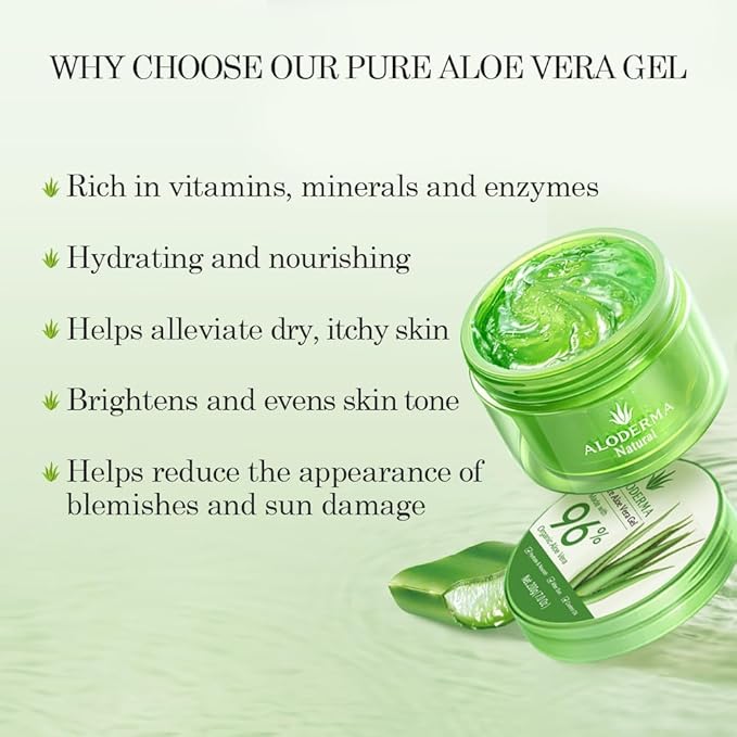 Aloderma Organic Aloe Vera Gel for Face & Body, 96% Pure Aloe Gel Made within 12 Hours of Harvest, Ideal for Skin, Scalp, & Hair Hydration, Calming Moisturizer for Soothing After Sun Care, 7.05oz