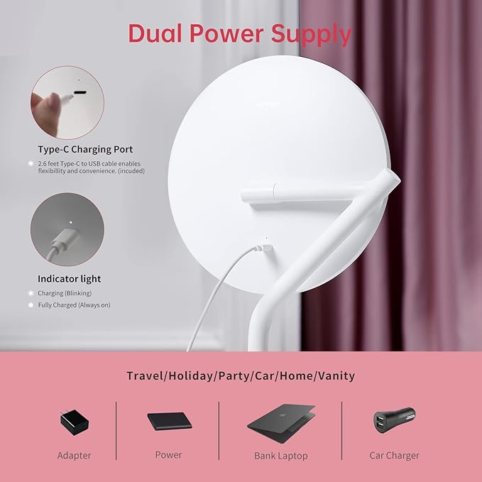 AMIRO 8'' LED Makeup Mirror, 5-Level Brightness/Touch Screen Control/Memory Function/180° Rotation/Detachable Small 5X Magnification Mirror