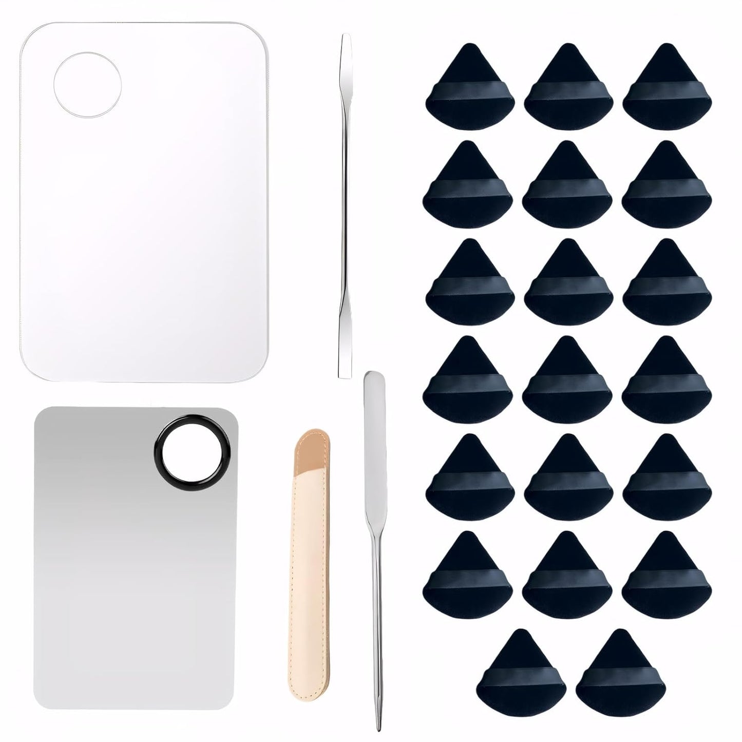 2 PCS Makeup Spatula Set, Acrylic Makeup Mixing Palette, Stainless Steel Foundation Spatula, Reusable for Mixing Eyeshadow/Lipstick/Nail Art/Foundation (with Foundation Spatula, Powder Puff)