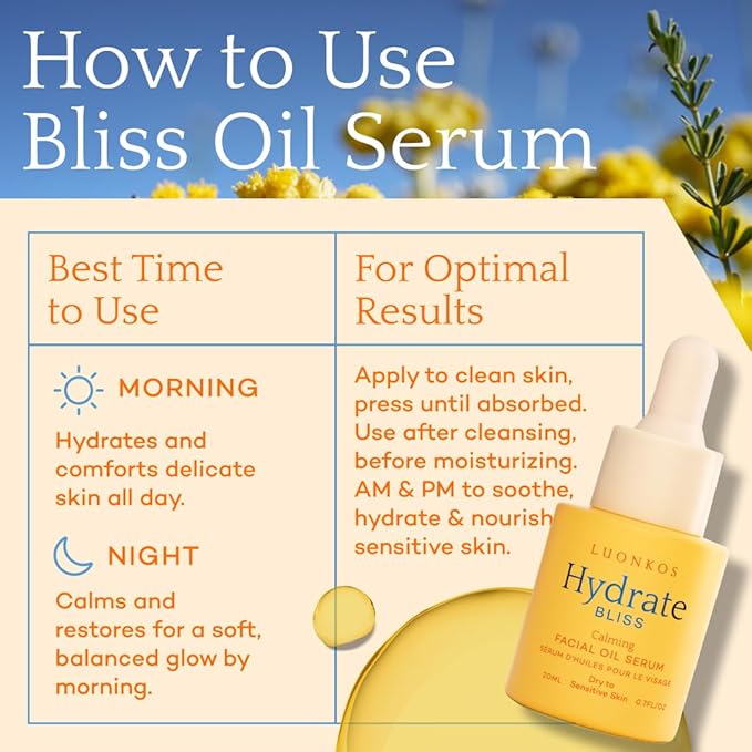 Bliss Facial Serum, Oil-Based Alternative to Vitamin C Serum for Face – Smooth Hydrating Serum with Vitamin E, Almond Oil, Squalane, Flower Extracts - For Dry and Sensitive Skin - 20ml