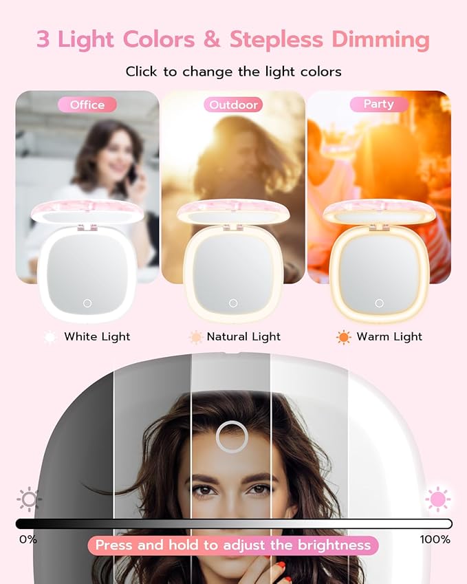 Benbilry 3.9" Rechargeable Compact Makeup Mirror with 3 Light Colors and Magnification 1X / 10X, Double Light Strip Dimmable Small LED Travel Mirror for Purse, Pink and White