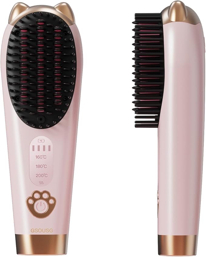 Cordless Hair Straightener,Portable Hair Straightening Brush for Travel, Mini Hot Straightening Comb for Women,Anti-Scald, LED Display & Fast Heating (Pink)