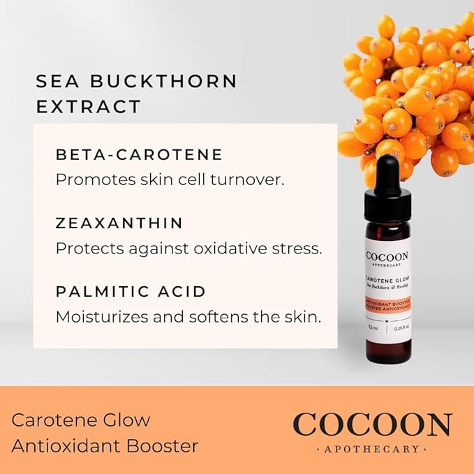 0.25 fl oz Carotene Glow Antioxidant Booster, Ecocert Cosmos Natural | Antioxidant Booster For mature, dull, dry, or dehydrated skin | Rosehip, Sea Buckthorn, Pomegranate & Frankincense CO2