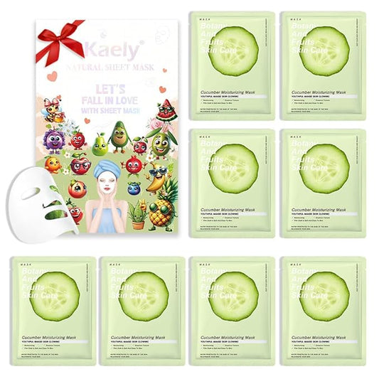 8 Pack Cucumber Face Sheet Mask Skincare,Hydrating Face Mask For Sensitive Skin,Moisturize,Soothing,Nourish for All Skin Types,Natural Spa Party Facial Mask Skincare Set for Women Men Girls