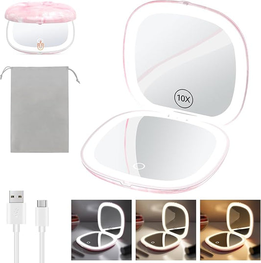 Benbilry 3.9" Rechargeable Compact Makeup Mirror with 3 Light Colors and Magnification 1X / 10X, Double Light Strip Dimmable Small LED Travel Mirror for Purse, Pink and White