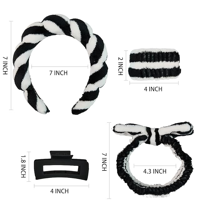 7 Pcs Spa Set, Facial Headband and Wristband Set, Skincare Accessories, College Style Girl Gift, Hair Accessories for Women and Girls（Black White Stripe ）