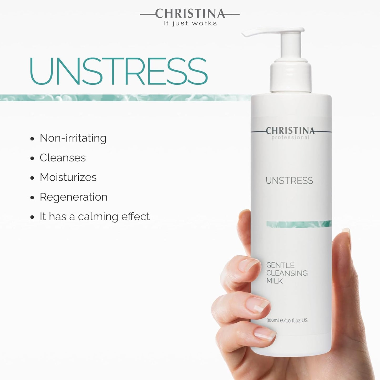 Christina - Unstress Gentle Cleansing Milk with Vitamin E | Smothing Refreshing milk Cleanser for Face | Soap-free Cleansing Milk for Face | Suitable for All Skin Types (10 fl oz.)