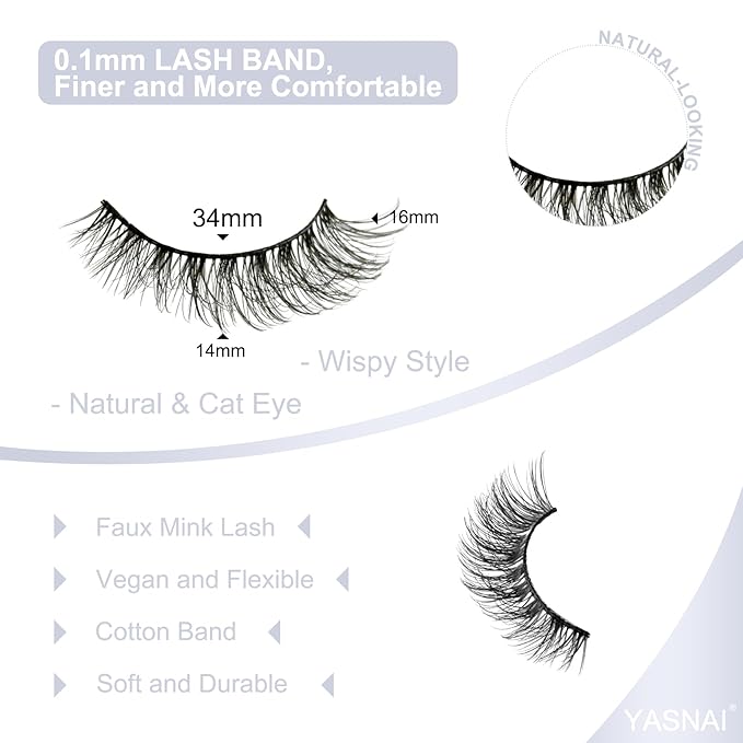 Cat Eye Lashes False Eyelashes Natural Look, Yasnai Wispy Fake Lashes Volume Lashes, Mink Lashes Fluffy Strips Lashes Natural Eyelashes 6 Pairs Pack