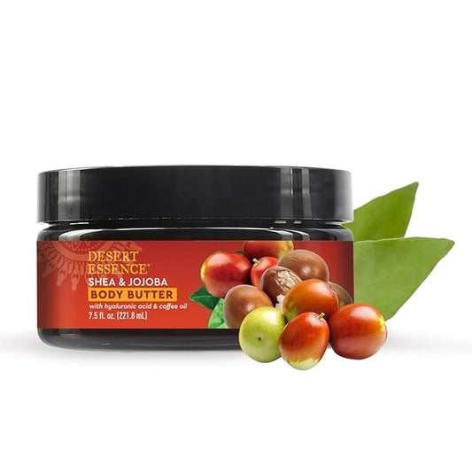 Desert Essence, Shea & Jojoba Body Butter 7.5oz, Hyaluronic Acid & Coffee Oil, Deeply Moisturizing and Nourishing, Antioxidant Rich, Moisture Rich Botanicals Shea Butter & Jojoba Oil