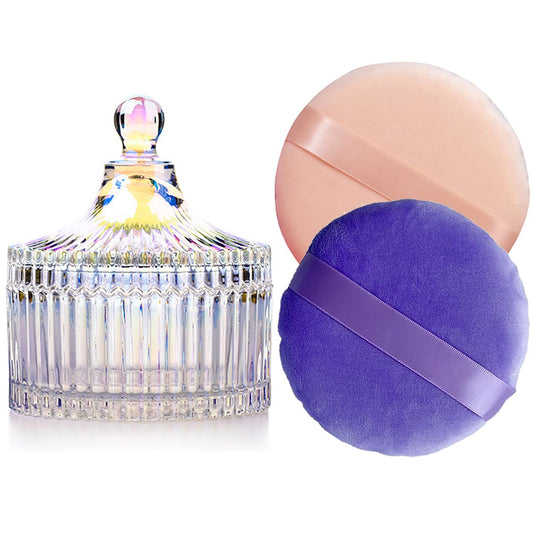2 Pack Extra Large 5.2" Beige & Purple Powder Puffs and 5.3" Glass Container – Oversized Soft Body & Face Large Powder Puff Dusting Powder Jar Holder Case(Dazzling colors Glass)