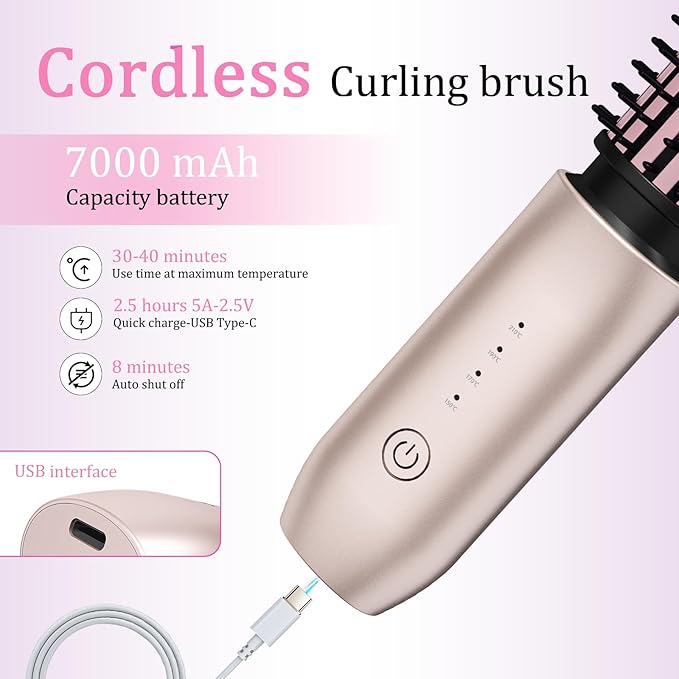 Cordless Hair Curling Iron Brush, Travel Curl Brush, 3-in-1 Portable Curling Iron Cordless, Plasma Thermal Hair Brush, 7000mAh USB Rechargeable Curling Wand, Mini Hot Curlings Brush-Blush Pink