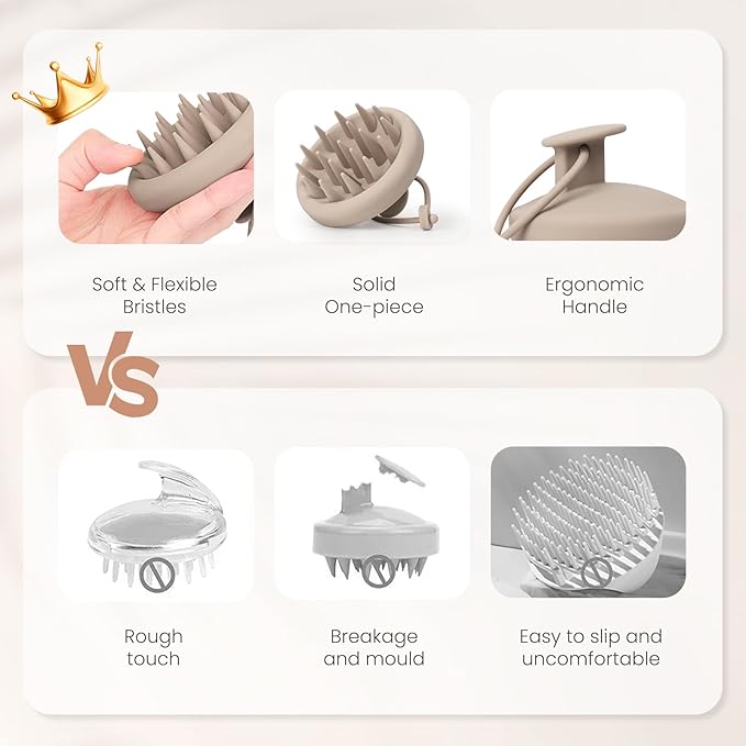 AIMIKE Scalp Massager Shampoo Brush, 100% Soft Silicone Scalp Scrubber, Scalp Exfoliator Brush for Dandruff Removal, Scalp Massager for Hair Growth, Wet Dry Hair Massager Shampoo Brush, Khaki