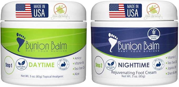 Bunion Balm 2 Step Soothing Bunion Kit. Natural Daytime Hallux Valgus Comfort Cream & Nighttime Moisturizing & Healing Lotion for Aching Bunions & Dry Cracked Skin
