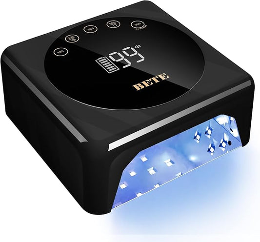 BETE Cordless LED Nail Lamp, 78W Rechargeable UV Nail Light, Intelligent Infrared Sensor and LCD Display Curing Nail Lamp, Portable Nail Dryer Gel Polish Light with 5 Timer Setting Black