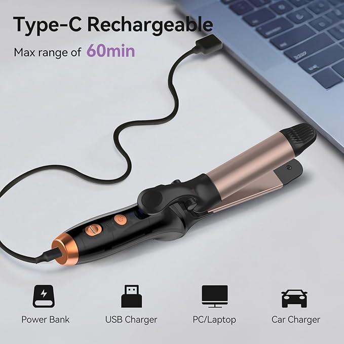 Cordless Curling Iron Hair Curler: Mini USB Rechargeable 4000 mAh 3 Temp Setting Travel Portable Hair Curler with 200 Million Negative Ion Cordless Curling Iron