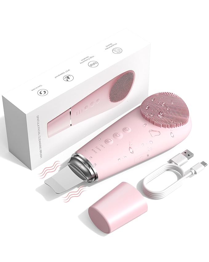 2 in 1 Facial Cleansing Brush & Massager, Facial Skin Scrubber Waterproof and Rechargeable Face Scrub for Deep Cleansing Vibrating Exfoliator Scrubber Skin Care with 7 Modes, Gentle Exfoliating - Pink