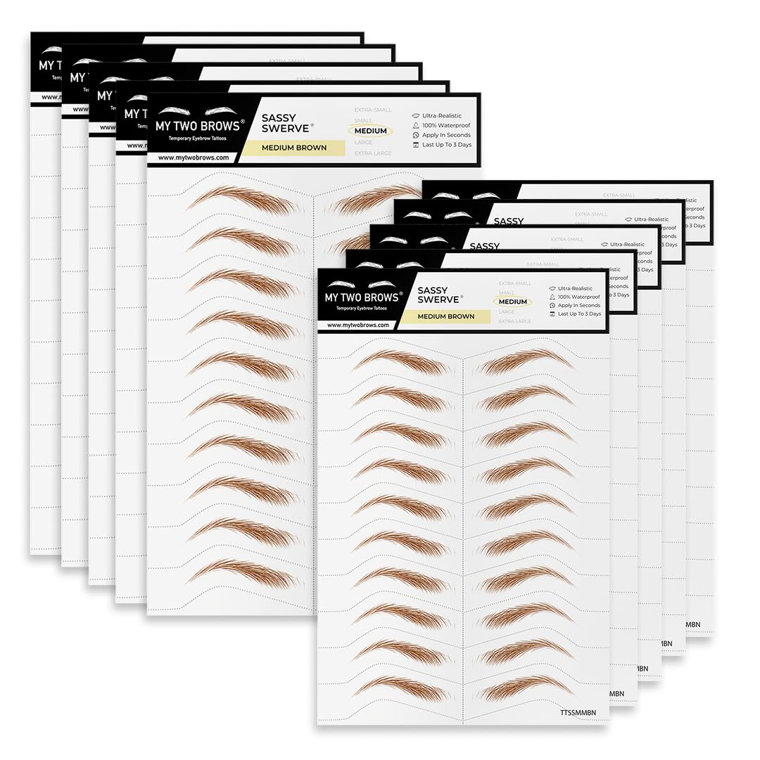 100 Pairs Medium Brown Temporary Eyebrow Tattoos, Waterproof and Smudge-Proof Medium Sassy Swerve Style Realistic Eyebrow Stickers for Women, Easy to Apply, Won't Work on Existing Brows